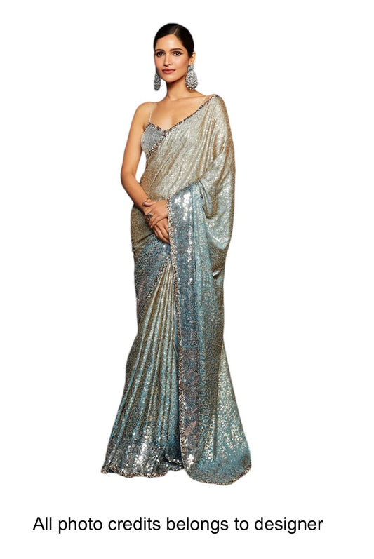 Rent Lashkaraa Dusty Blue Ombre Sequins Embroidered Saree